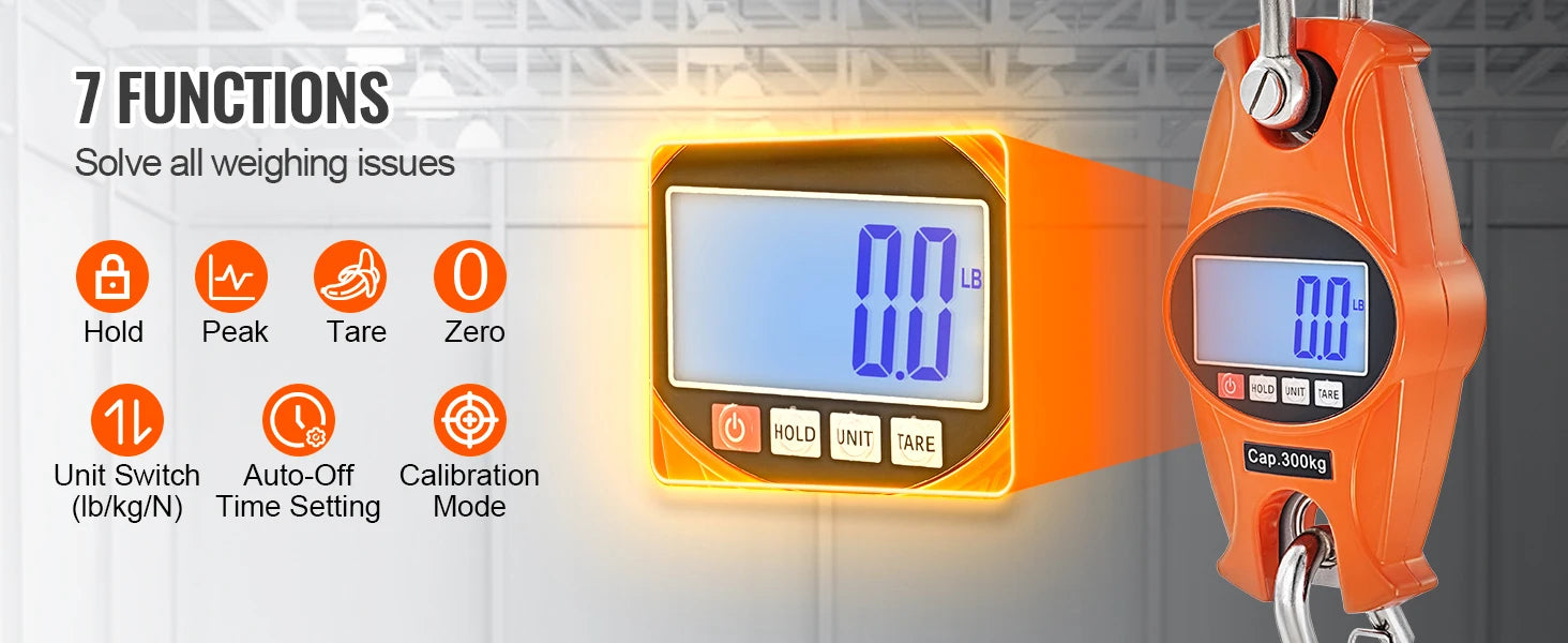SucceBuy 300/400kg Digital Crane Scale Industrial Hanging Scale Handheld Mini Crane with Hooks Screen for Outdoor Fishing Garage
