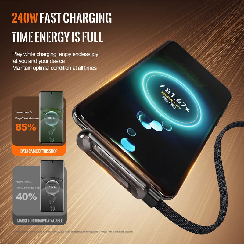 240W L-Shaped Gaming Charger Cable with Phone Stand Braided Fast Charging Cord for Mobile Gaming All-in-One Cable for iphone