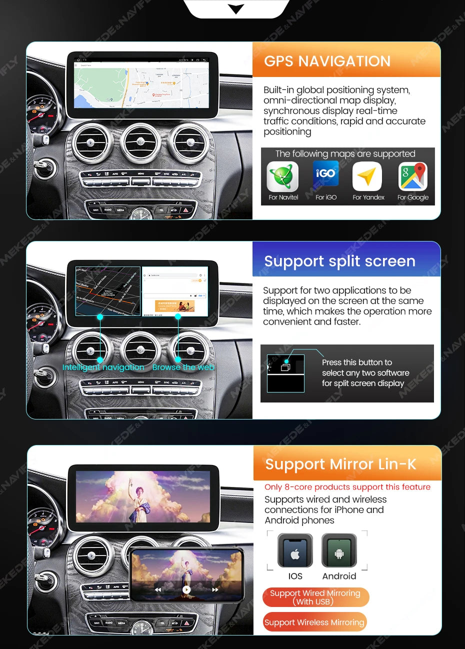 NaviFly Android 14 Auto Car GPS Navigation Stereo Radio For Mercedes-Benz C-Class W205 GLC X253 V-Class W446 Wireless CarPlay 4G
