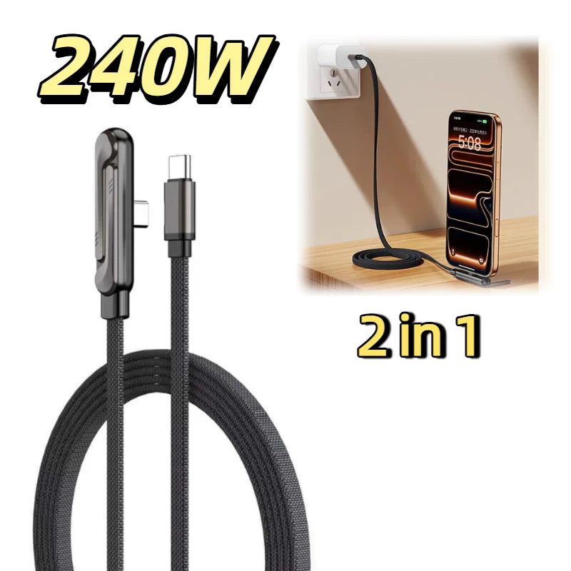 240W L-Shaped Gaming Charger Cable with Phone Stand Braided Fast Charging Cord for Mobile Gaming All-in-One Cable for iphone