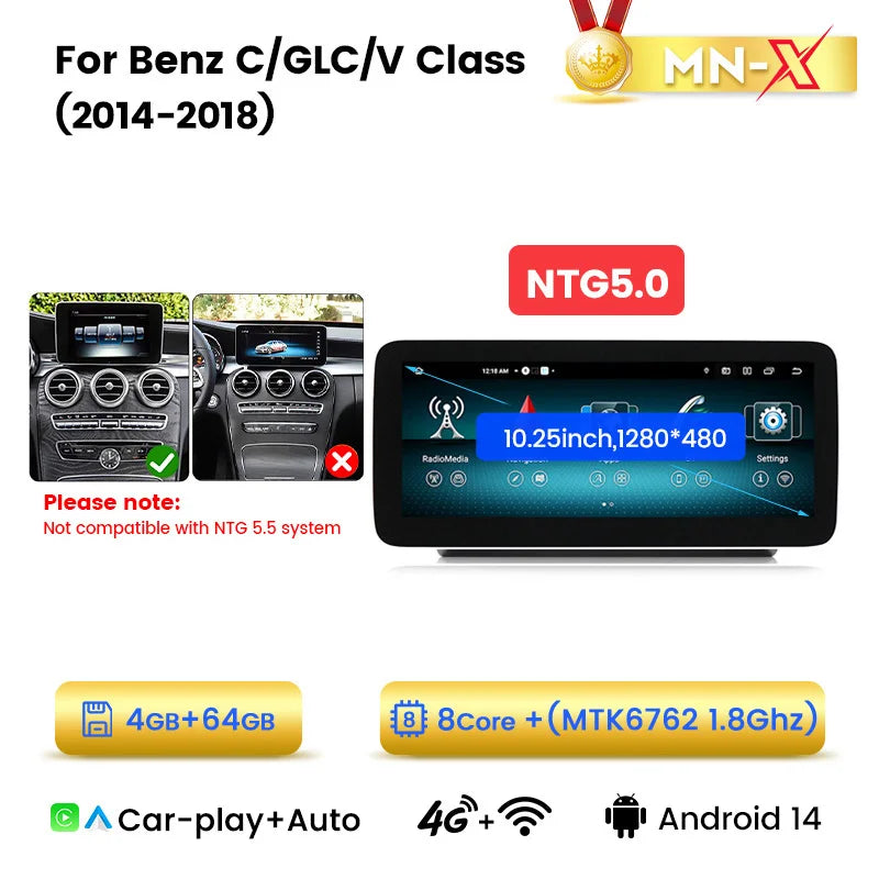 NaviFly Android 14 Auto Car GPS Navigation Stereo Radio For Mercedes-Benz C-Class W205 GLC X253 V-Class W446 Wireless CarPlay 4G