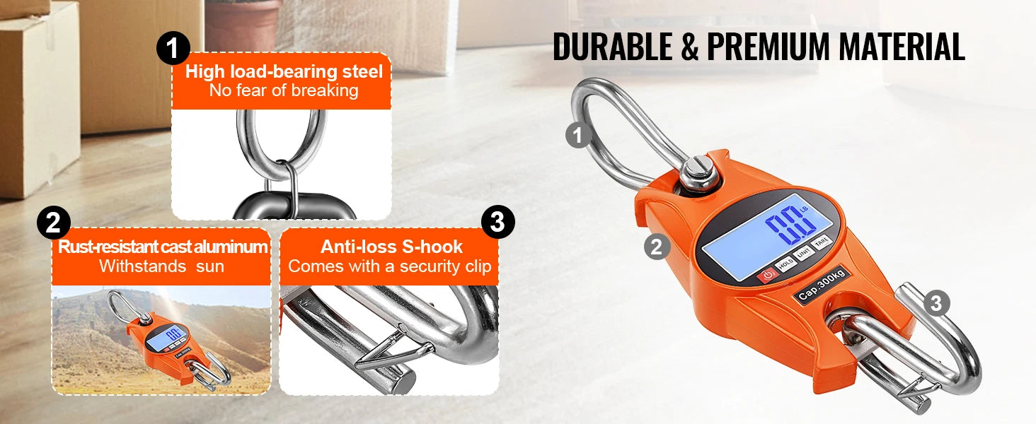 SucceBuy 300/400kg Digital Crane Scale Industrial Hanging Scale Handheld Mini Crane with Hooks Screen for Outdoor Fishing Garage