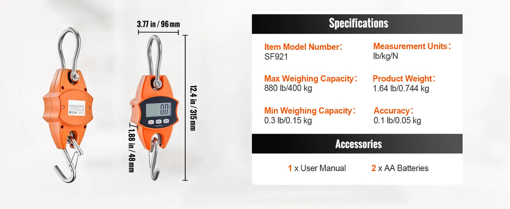 SucceBuy 300/400kg Digital Crane Scale Industrial Hanging Scale Handheld Mini Crane with Hooks Screen for Outdoor Fishing Garage
