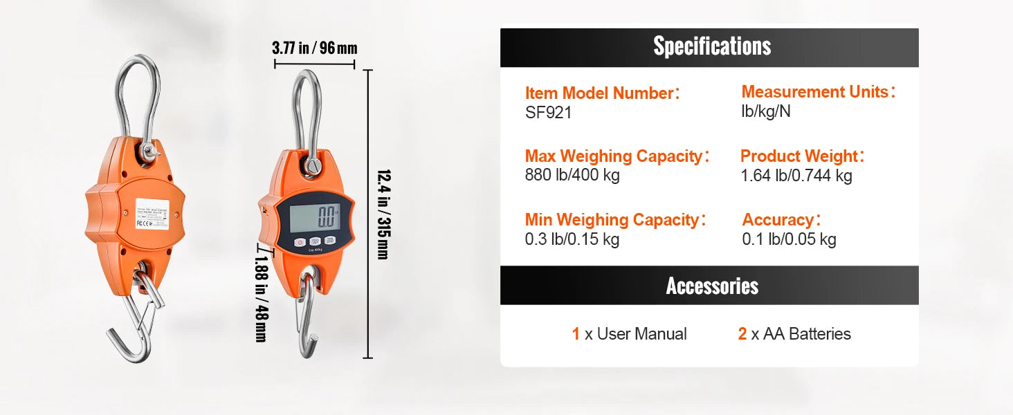 SucceBuy 300/400kg Digital Crane Scale Industrial Hanging Scale Handheld Mini Crane with Hooks Screen for Outdoor Fishing Garage