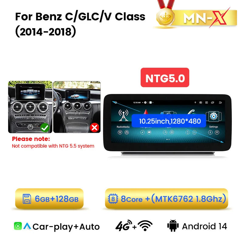 NaviFly Android 14 Auto Car GPS Navigation Stereo Radio For Mercedes-Benz C-Class W205 GLC X253 V-Class W446 Wireless CarPlay 4G