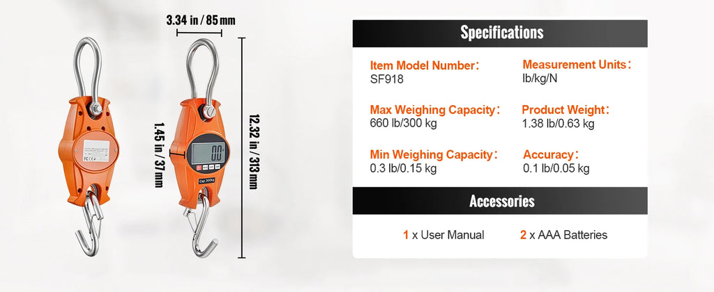SucceBuy 300/400kg Digital Crane Scale Industrial Hanging Scale Handheld Mini Crane with Hooks Screen for Outdoor Fishing Garage