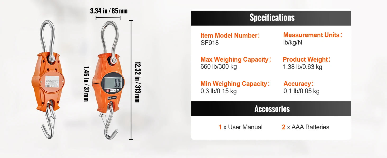 SucceBuy 300/400kg Digital Crane Scale Industrial Hanging Scale Handheld Mini Crane with Hooks Screen for Outdoor Fishing Garage