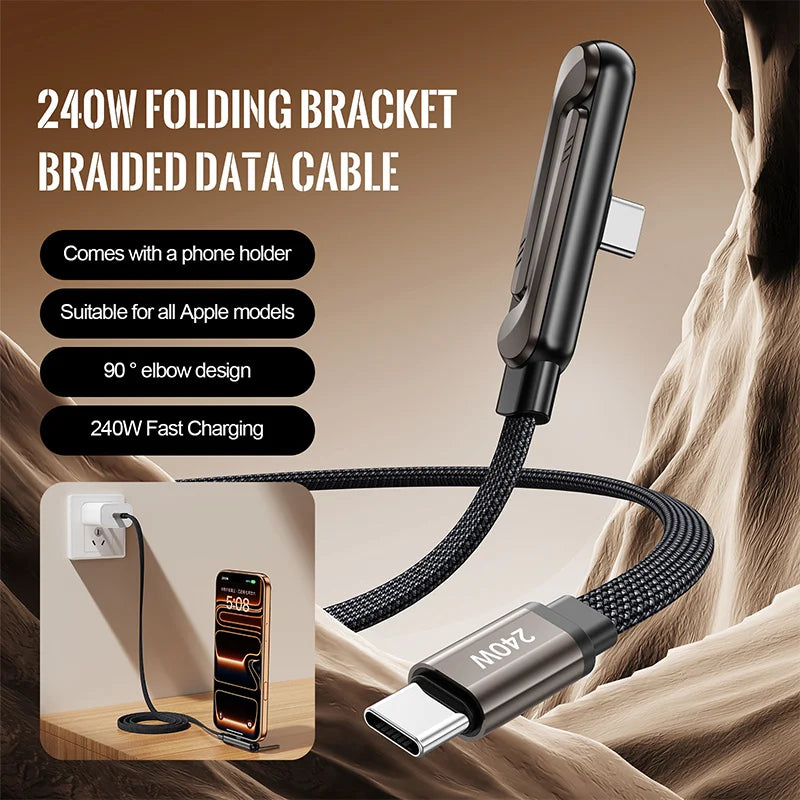 240W L-Shaped Gaming Charger Cable with Phone Stand Braided Fast Charging Cord for Mobile Gaming All-in-One Cable for iphone