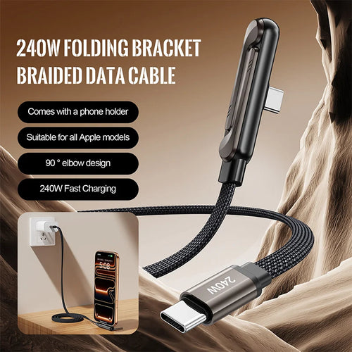240W L-Shaped Gaming Charger Cable with Phone Stand Braided Fast Charging Cord for Mobile Gaming All-in-One Cable for iphone
