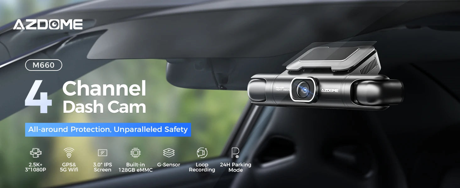 AZDOME Dash Cam M660 2K+3*1080P 4CH Car DVR GPS 5G Wifi Built-in 128GB eMMC Voice Control 24H Parking Monitor Super Night Vision