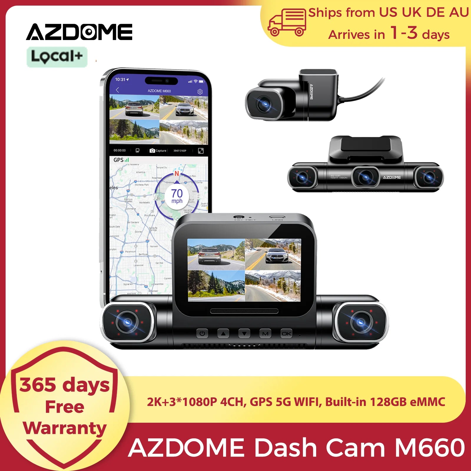 AZDOME Dash Cam M660 2K+3*1080P 4CH Car DVR GPS 5G Wifi Built-in 128GB eMMC Voice Control 24H Parking Monitor Super Night Vision